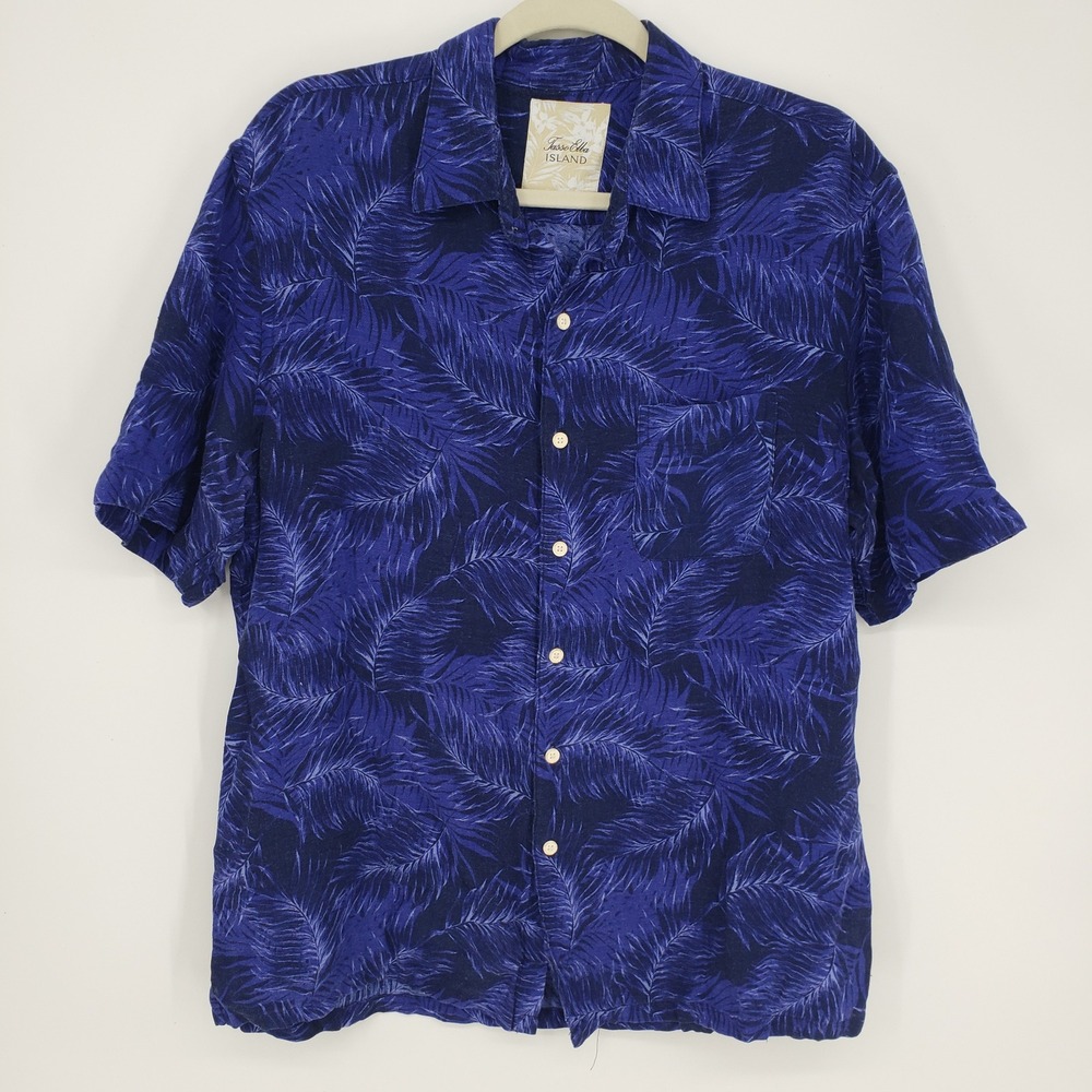 Tasso Elba Island Hawaiian Shirt‎ Blue Tropical Short Sleeve Silk Linen Mens L